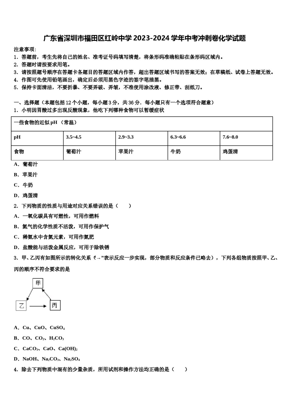 广东省深圳市福田区红岭中学2023-2024学年中考冲刺卷化学试题含解析.doc_第1页