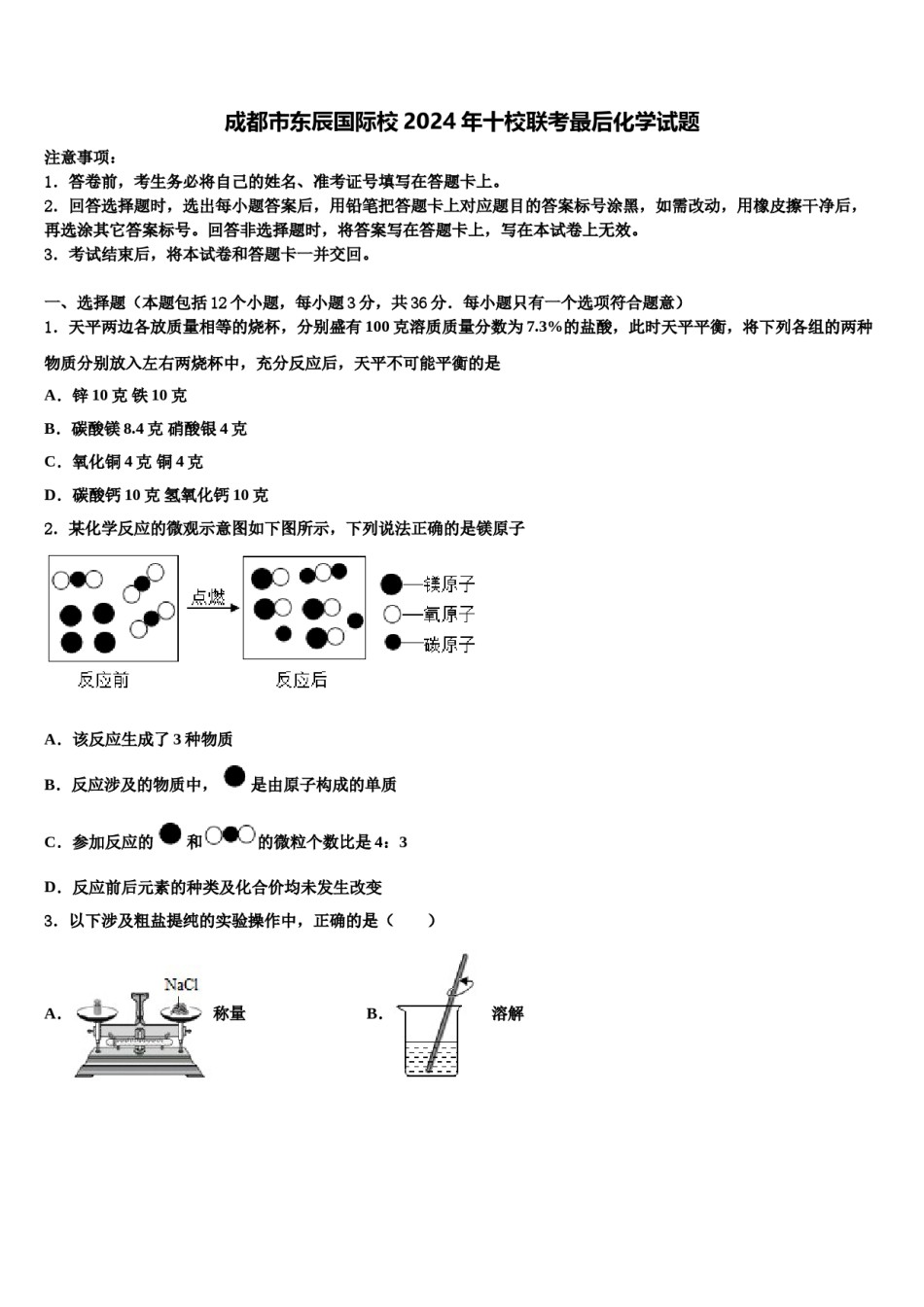 成都市东辰国际校2024年十校联考最后化学试题含解析.doc_第1页