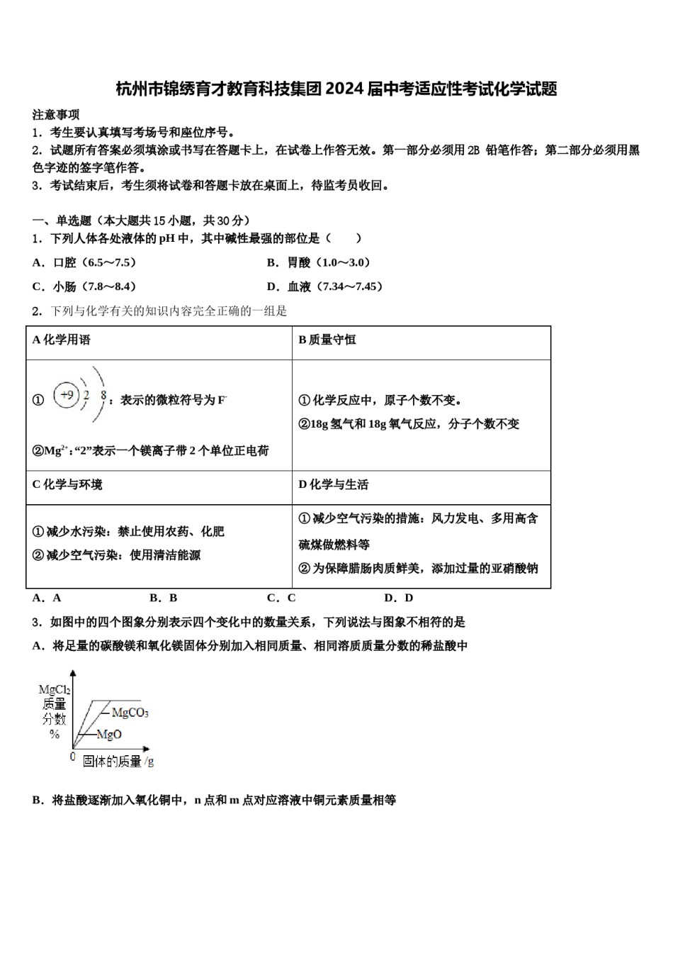 杭州市锦绣育才教育科技集团2024届中考适应性考试化学试题含解析.doc_第1页