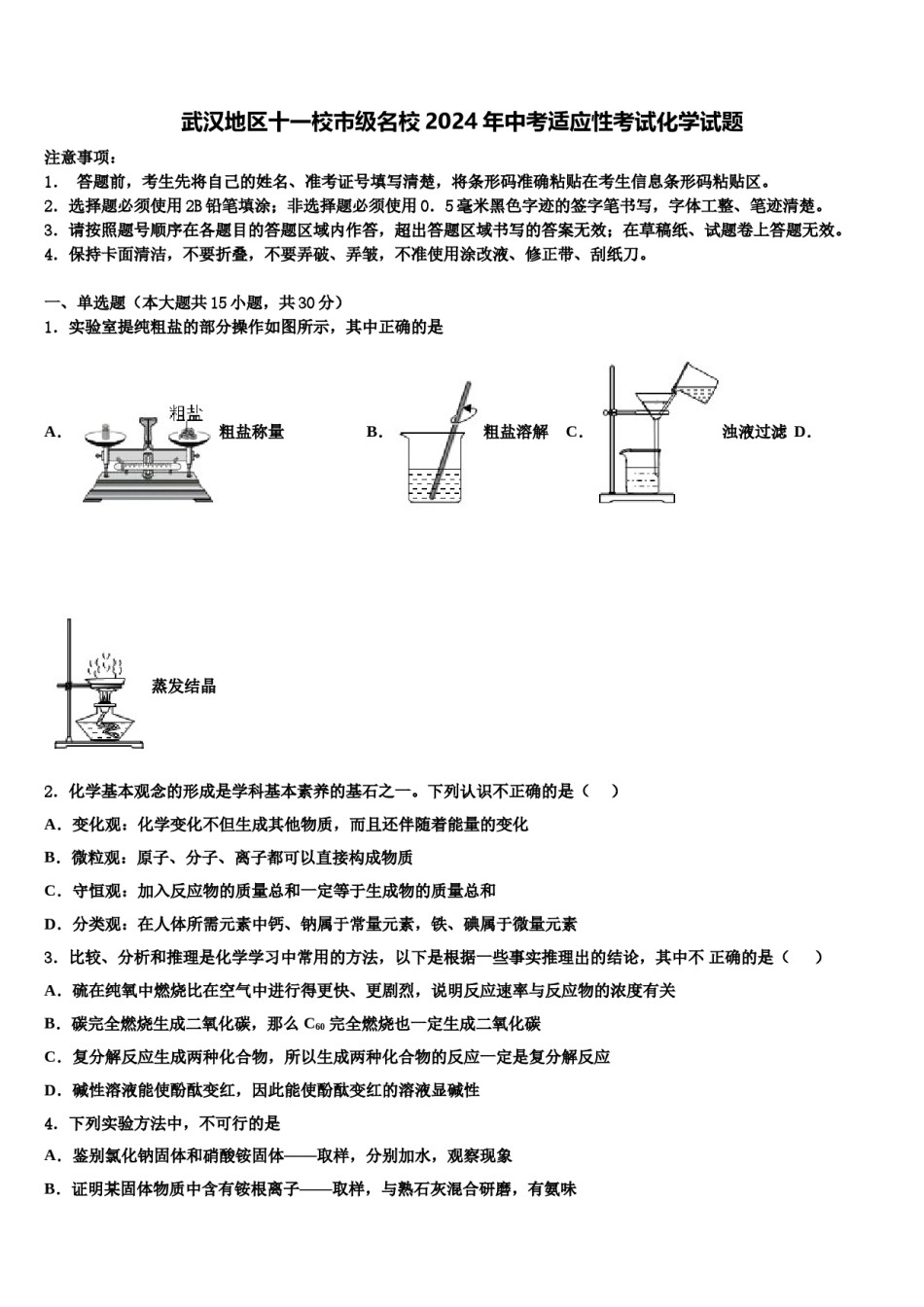 武汉地区十一校市级名校2024年中考适应性考试化学试题含解析.doc_第1页