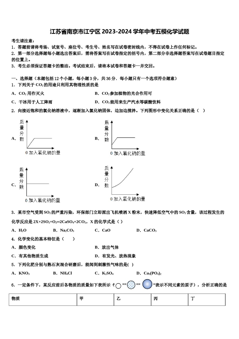 江苏省南京市江宁区2023-2024学年中考五模化学试题含解析.doc_第1页