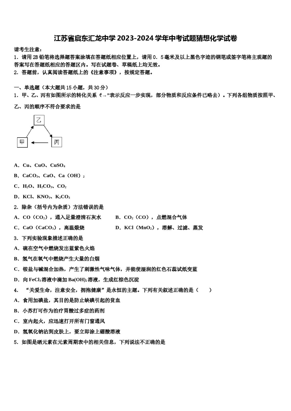 江苏省启东汇龙中学2023-2024学年中考试题猜想化学试卷含解析.doc_第1页