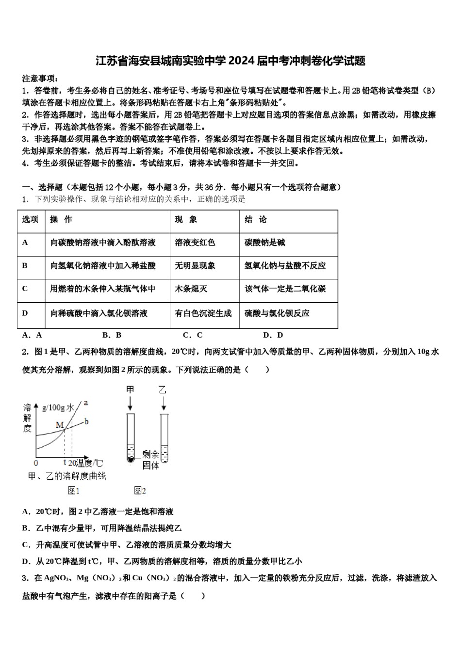 江苏省海安县城南实验中学2024届中考冲刺卷化学试题含解析.doc_第1页