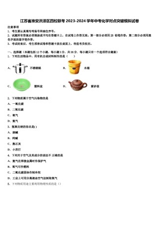 江苏省淮安洪泽区四校联考2023-2024学年中考化学对点突破模拟试卷含解析.doc