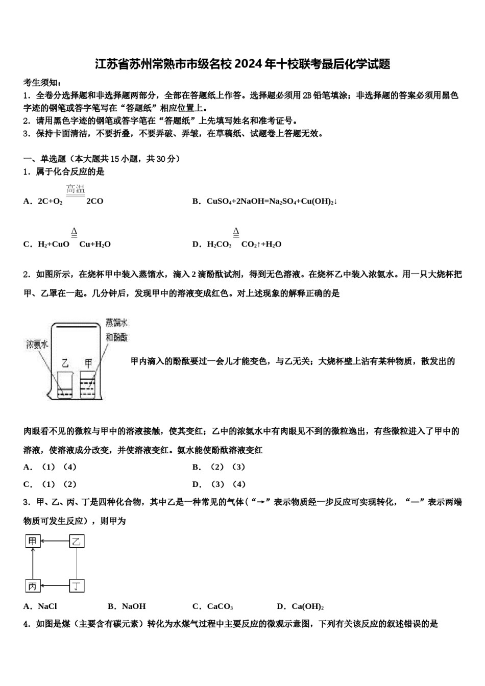 江苏省苏州常熟市市级名校2024年十校联考最后化学试题含解析.doc_第1页