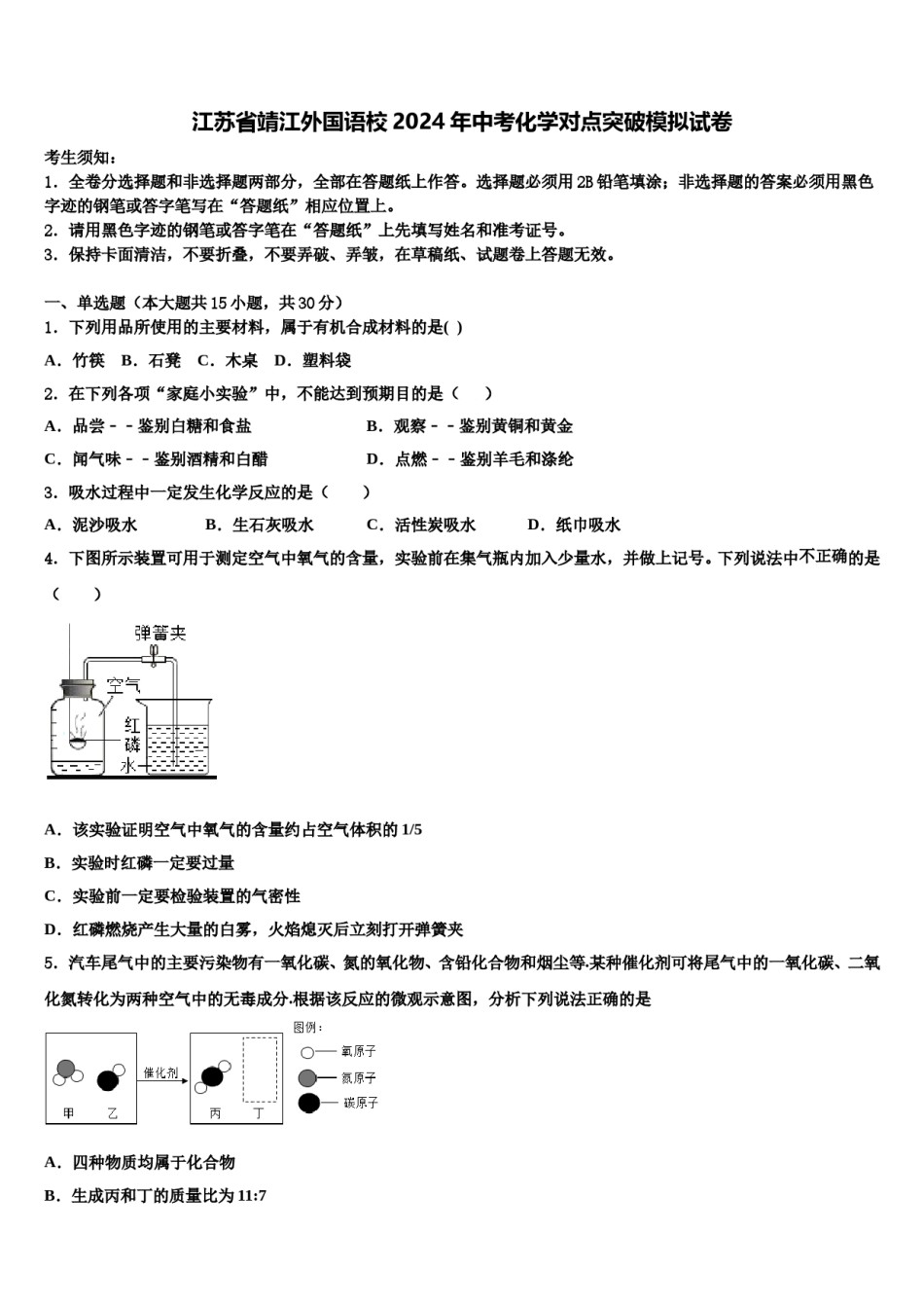江苏省靖江外国语校2024年中考化学对点突破模拟试卷含解析.doc_第1页