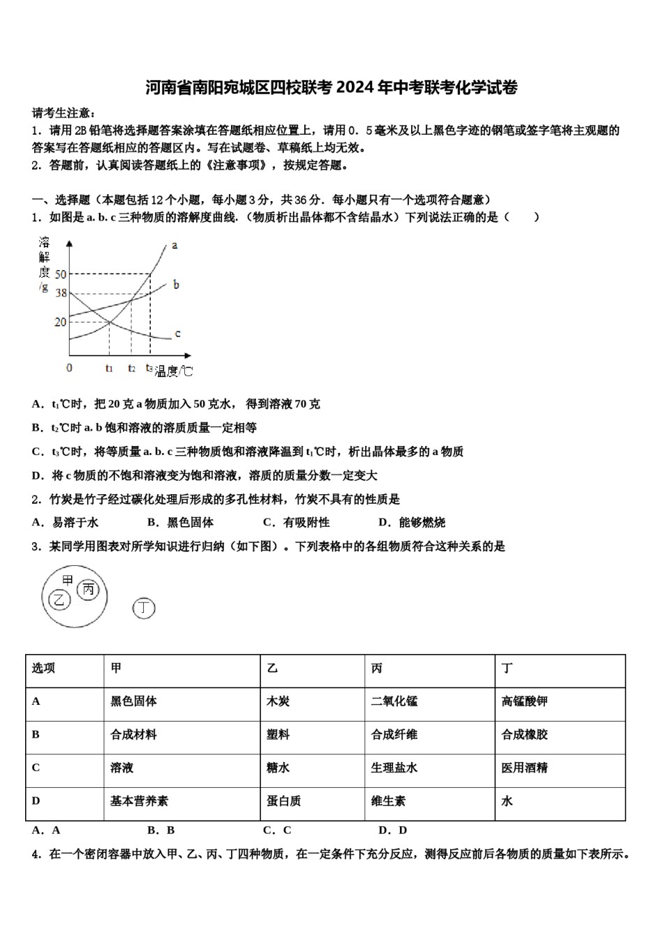 河南省南阳宛城区四校联考2024年中考联考化学试卷含解析.doc_第1页
