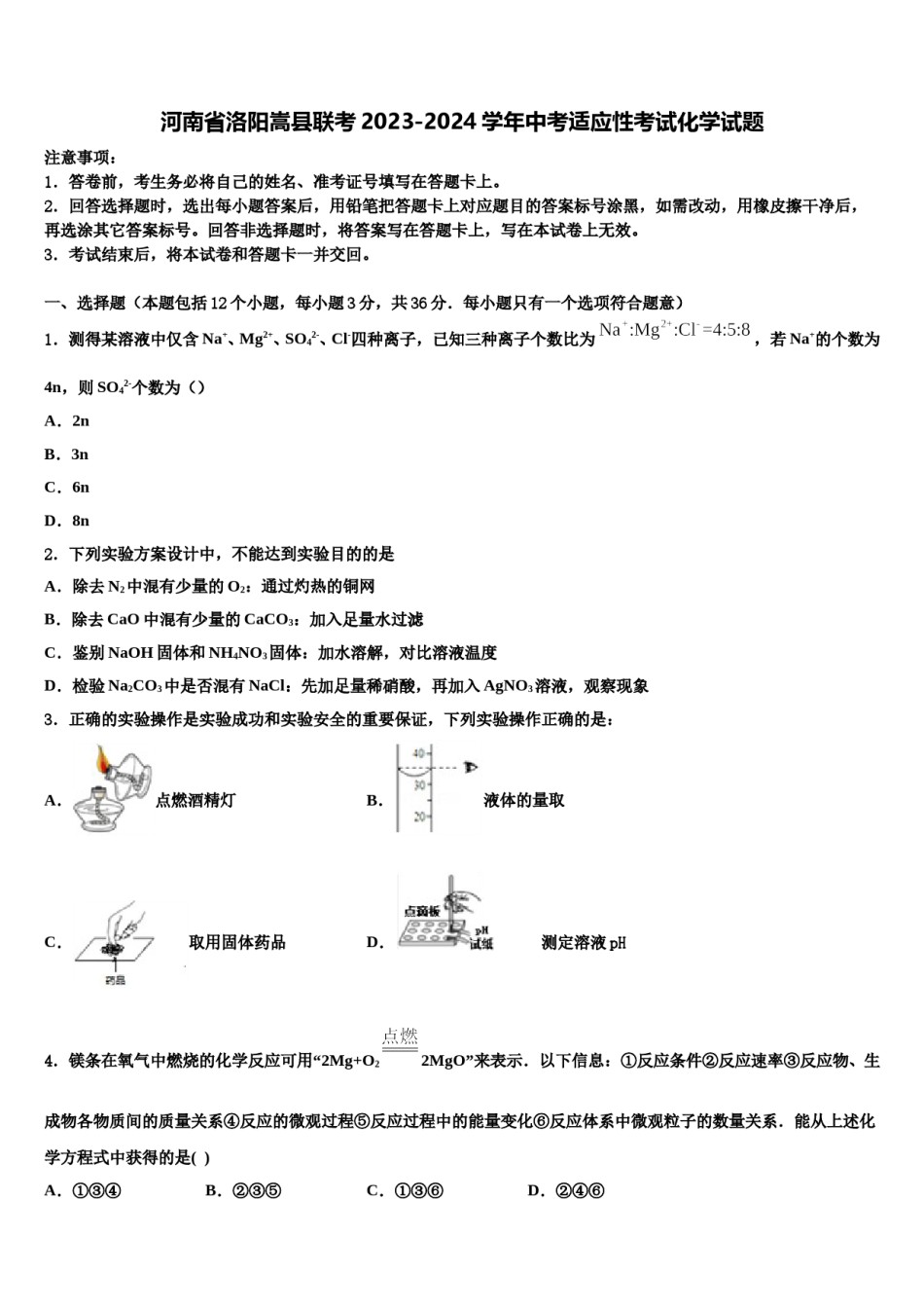 河南省洛阳嵩县联考2023-2024学年中考适应性考试化学试题含解析.doc_第1页