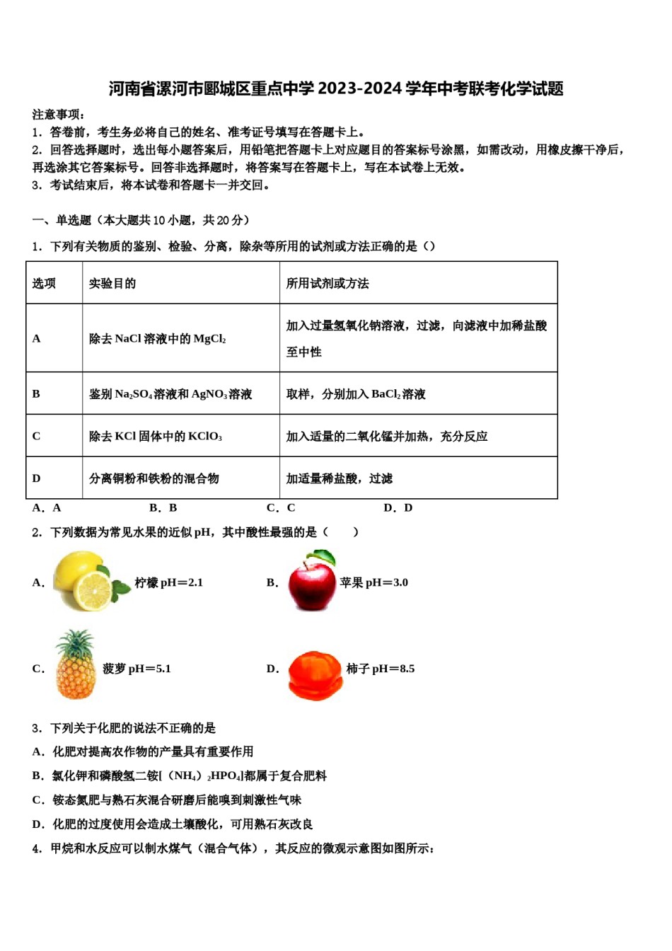 河南省漯河市郾城区重点中学2023-2024学年中考联考化学试题含解析.doc_第1页