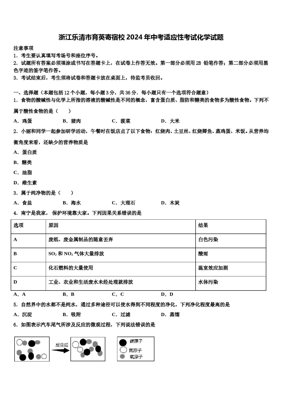 浙江乐清市育英寄宿校2024年中考适应性考试化学试题含解析.doc_第1页