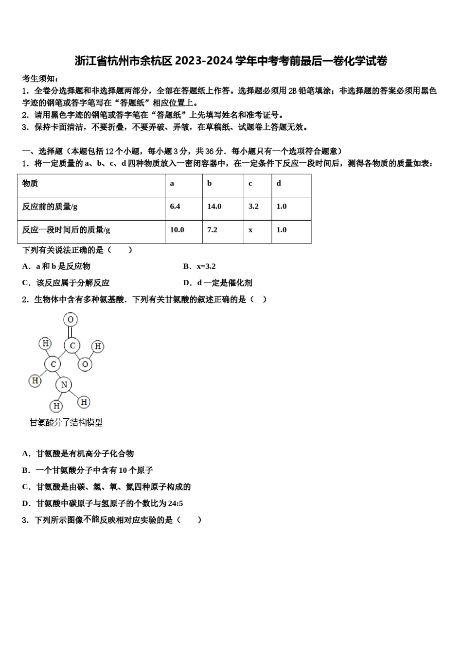 浙江省杭州市余杭区2023-2024学年中考考前最后一卷化学试卷含解析.doc_第1页