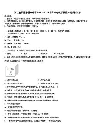 浙江省杭州市重点中学2023-2024学年中考化学最后冲刺模拟试卷含解析.doc
