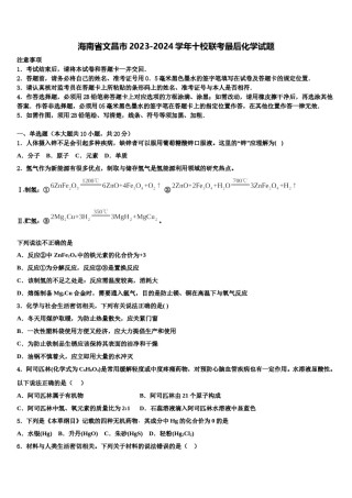 海南省文昌市2023-2024学年十校联考最后化学试题含解析.doc