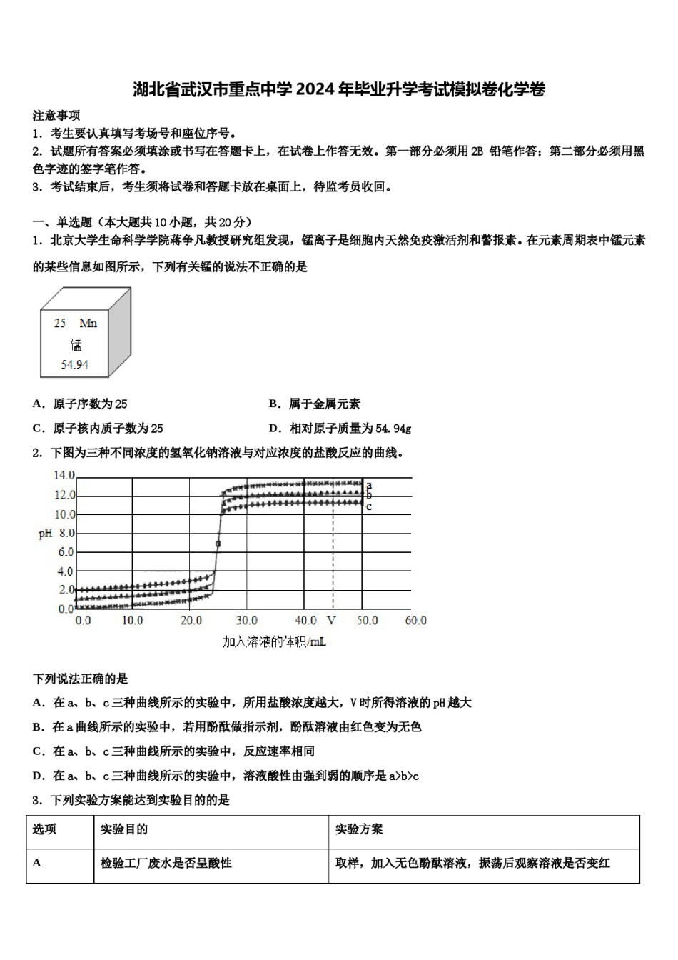湖北省武汉市重点中学2024年毕业升学考试模拟卷化学卷含解析.doc_第1页
