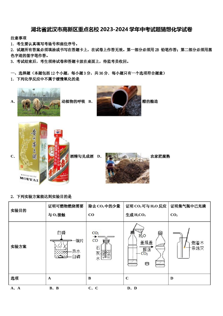 湖北省武汉市高新区重点名校2023-2024学年中考试题猜想化学试卷含解析.doc_第1页