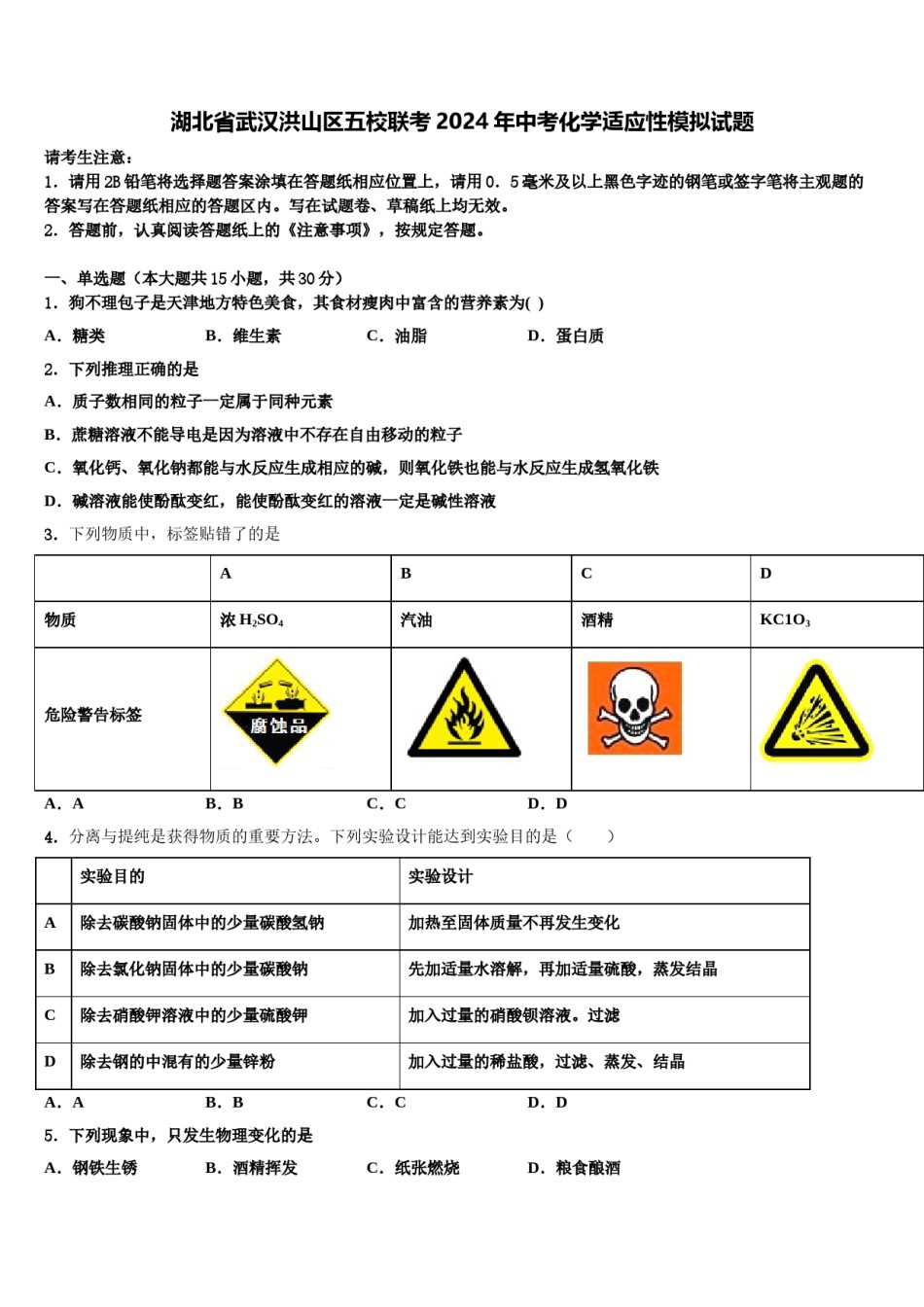 湖北省武汉洪山区五校联考2024年中考化学适应性模拟试题含解析.doc_第1页
