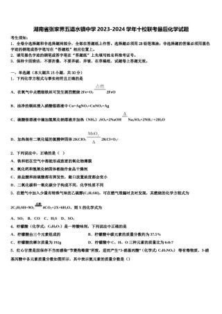 湖南省张家界五道水镇中学2023-2024学年十校联考最后化学试题含解析.doc