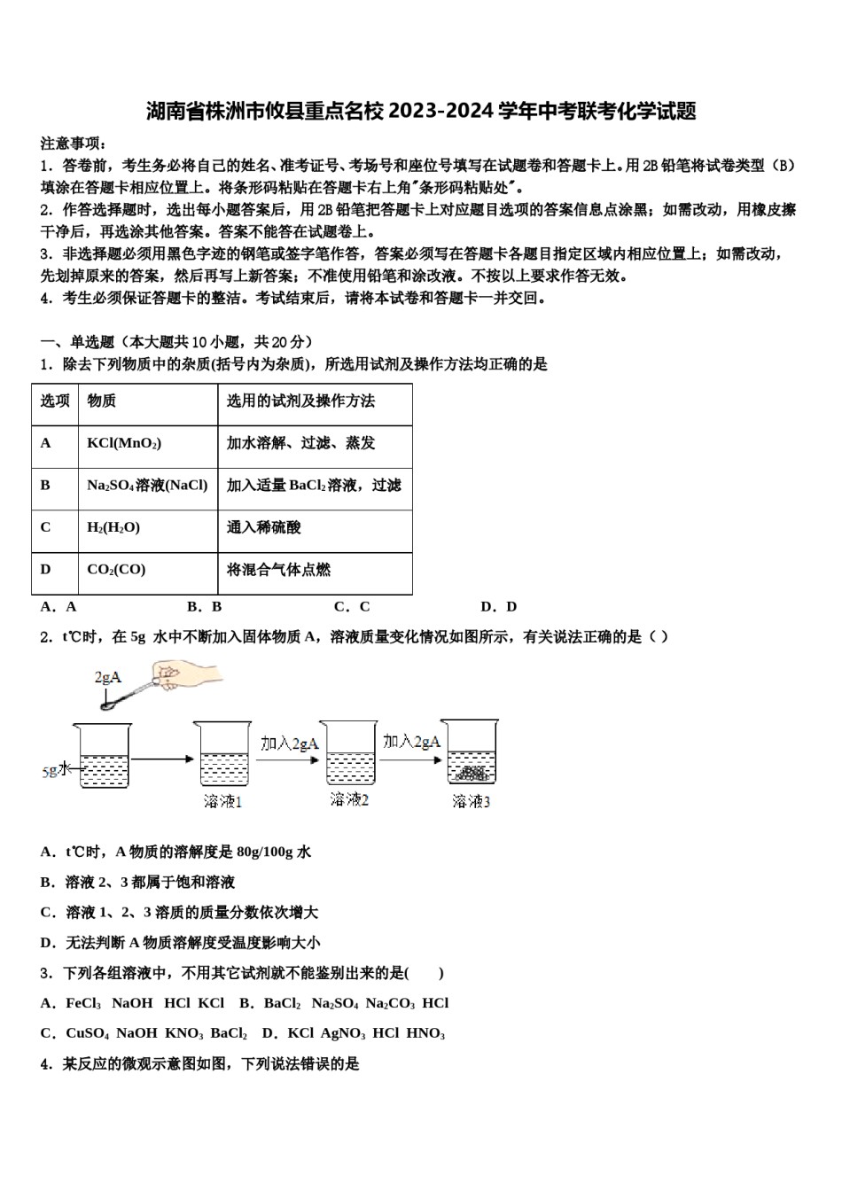 湖南省株洲市攸县重点名校2023-2024学年中考联考化学试题含解析.doc_第1页