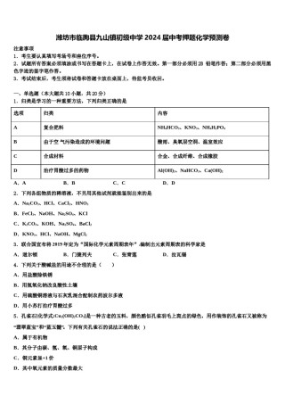 潍坊市临朐县九山镇初级中学2024届中考押题化学预测卷含解析.doc