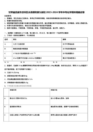 甘肃省武威市凉州区永昌镇和寨九制校2023-2024学年中考化学模拟精编试卷含解析.doc