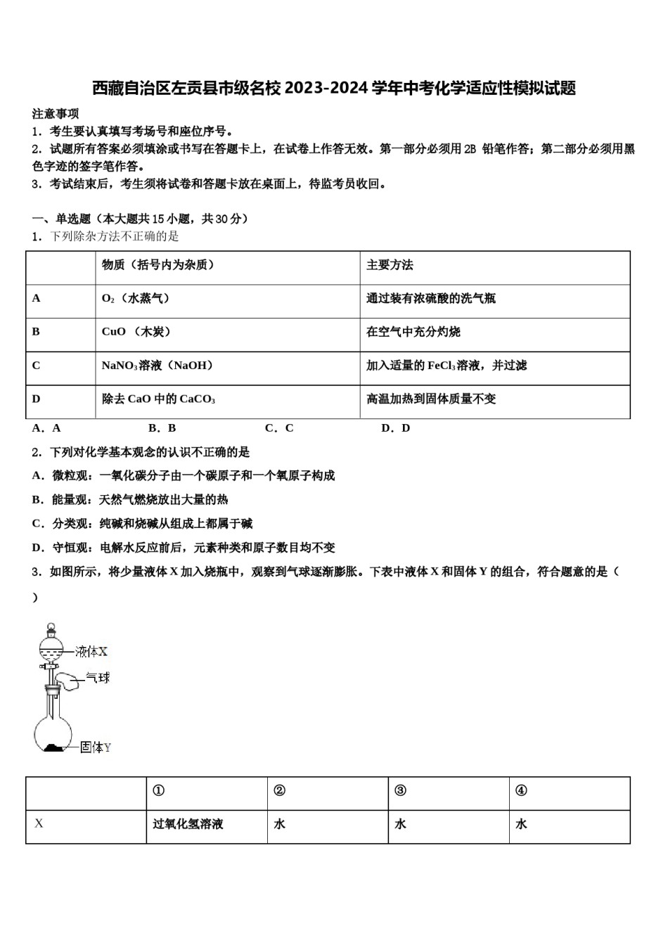西藏自治区左贡县市级名校2023-2024学年中考化学适应性模拟试题含解析.doc_第1页