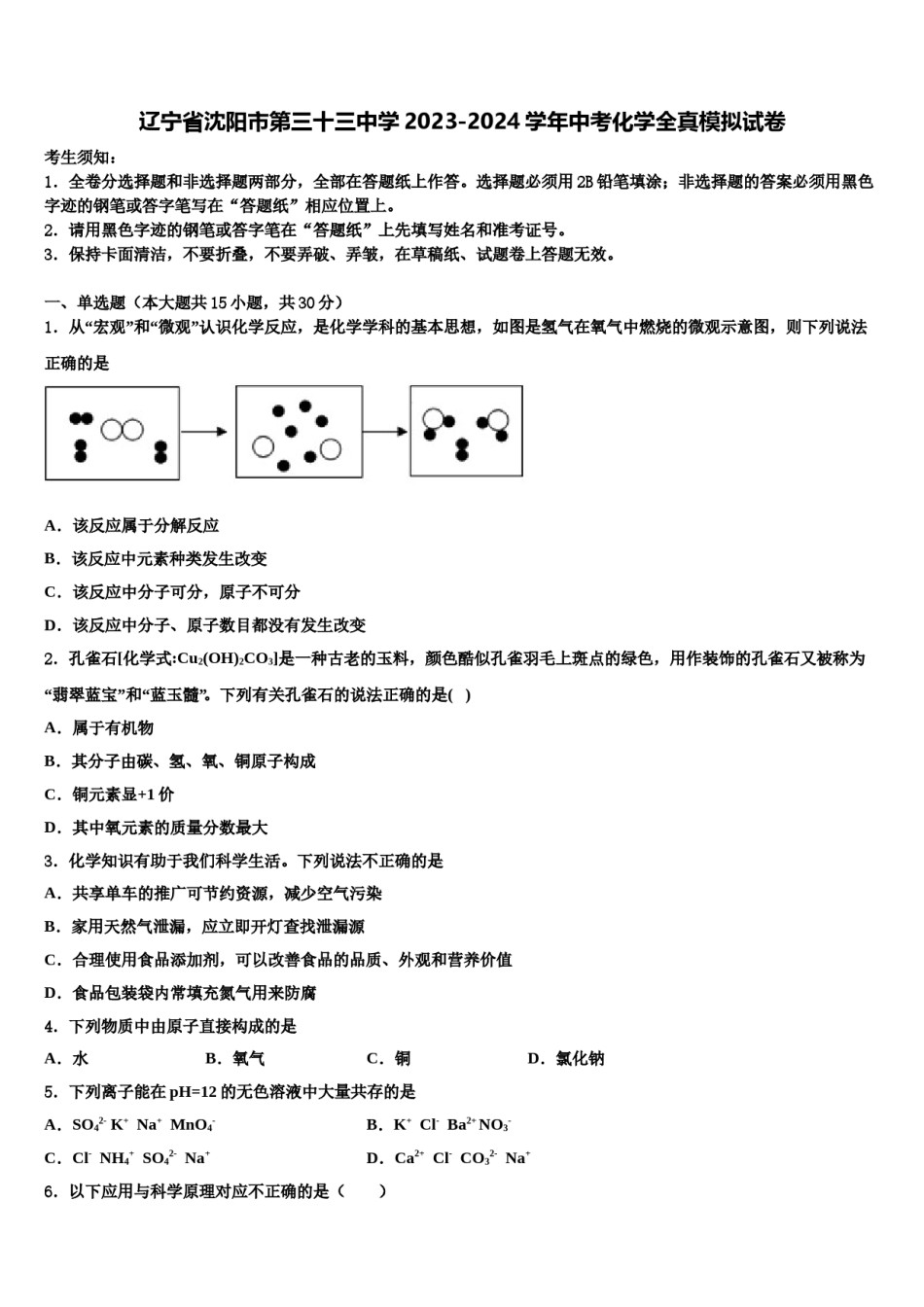 辽宁省沈阳市第三十三中学2023-2024学年中考化学全真模拟试卷含解析.doc_第1页