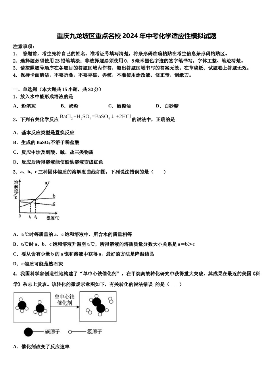 重庆九龙坡区重点名校2024年中考化学适应性模拟试题含解析.doc_第1页