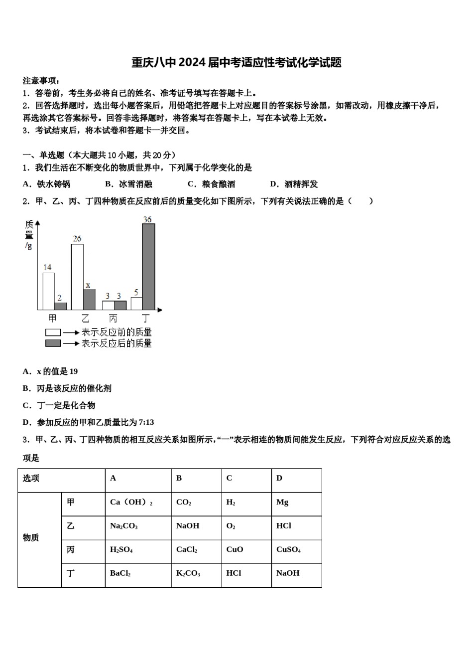 重庆八中2024届中考适应性考试化学试题含解析.doc_第1页