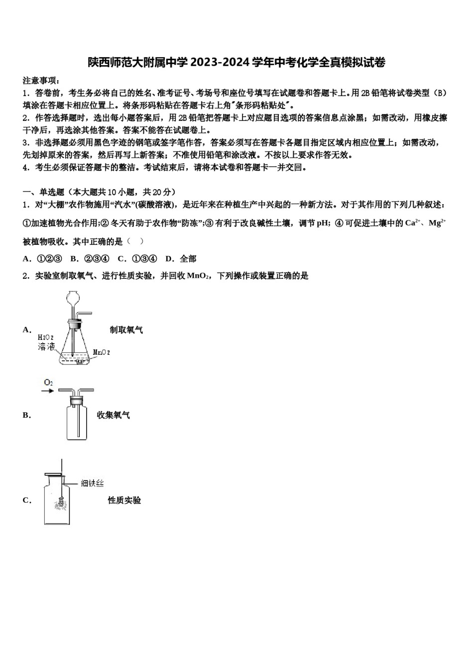 陕西师范大附属中学2023-2024学年中考化学全真模拟试卷含解析.doc_第1页