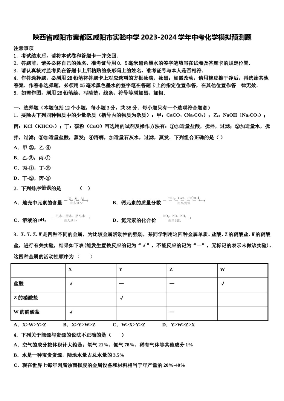 陕西省咸阳市秦都区咸阳市实验中学2023-2024学年中考化学模拟预测题含解析.doc_第1页