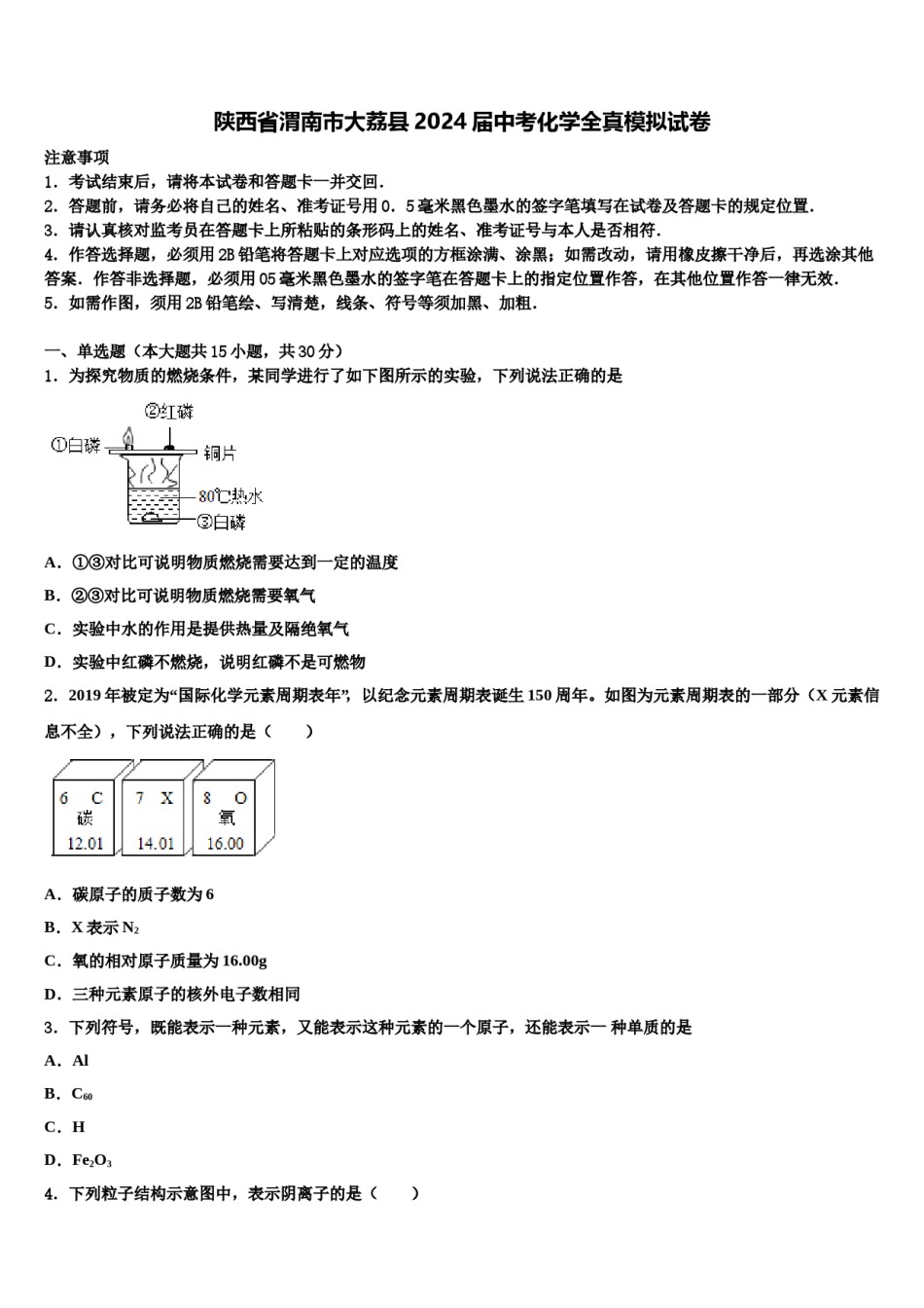 陕西省渭南市大荔县2024届中考化学全真模拟试卷含解析.doc_第1页