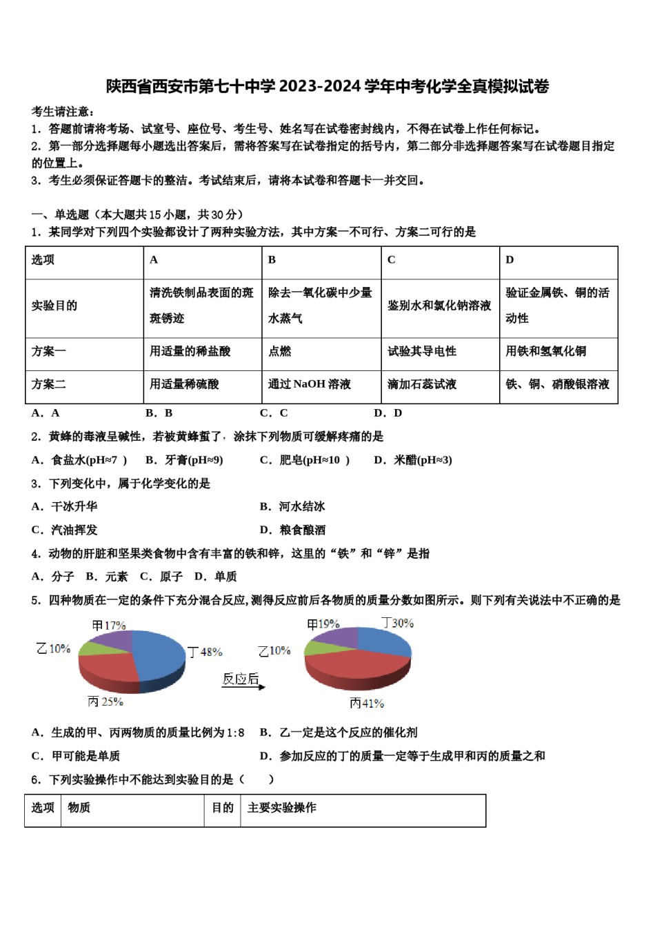 陕西省西安市第七十中学2023-2024学年中考化学全真模拟试卷含解析.doc_第1页