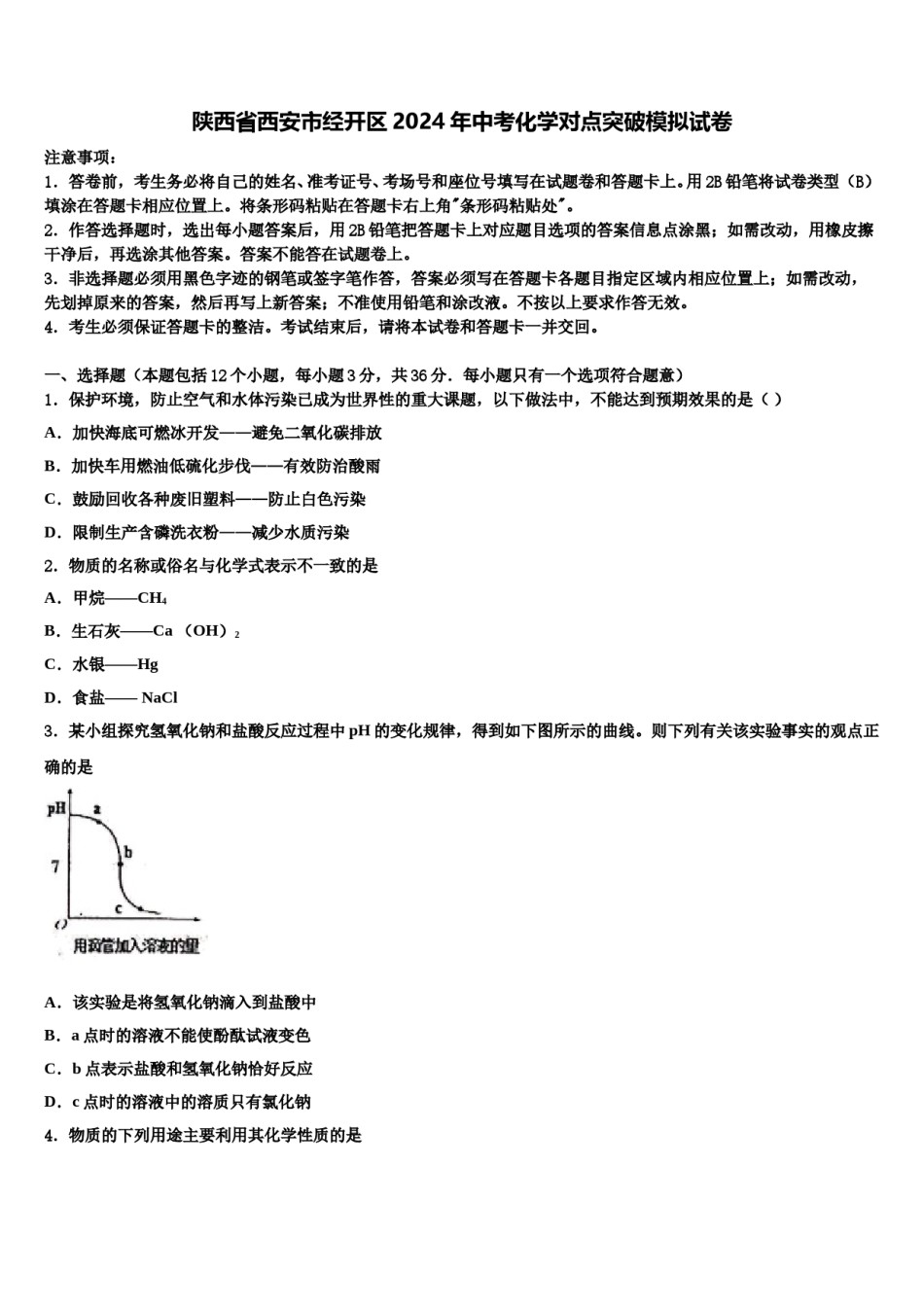 陕西省西安市经开区2024年中考化学对点突破模拟试卷含解析.doc_第1页