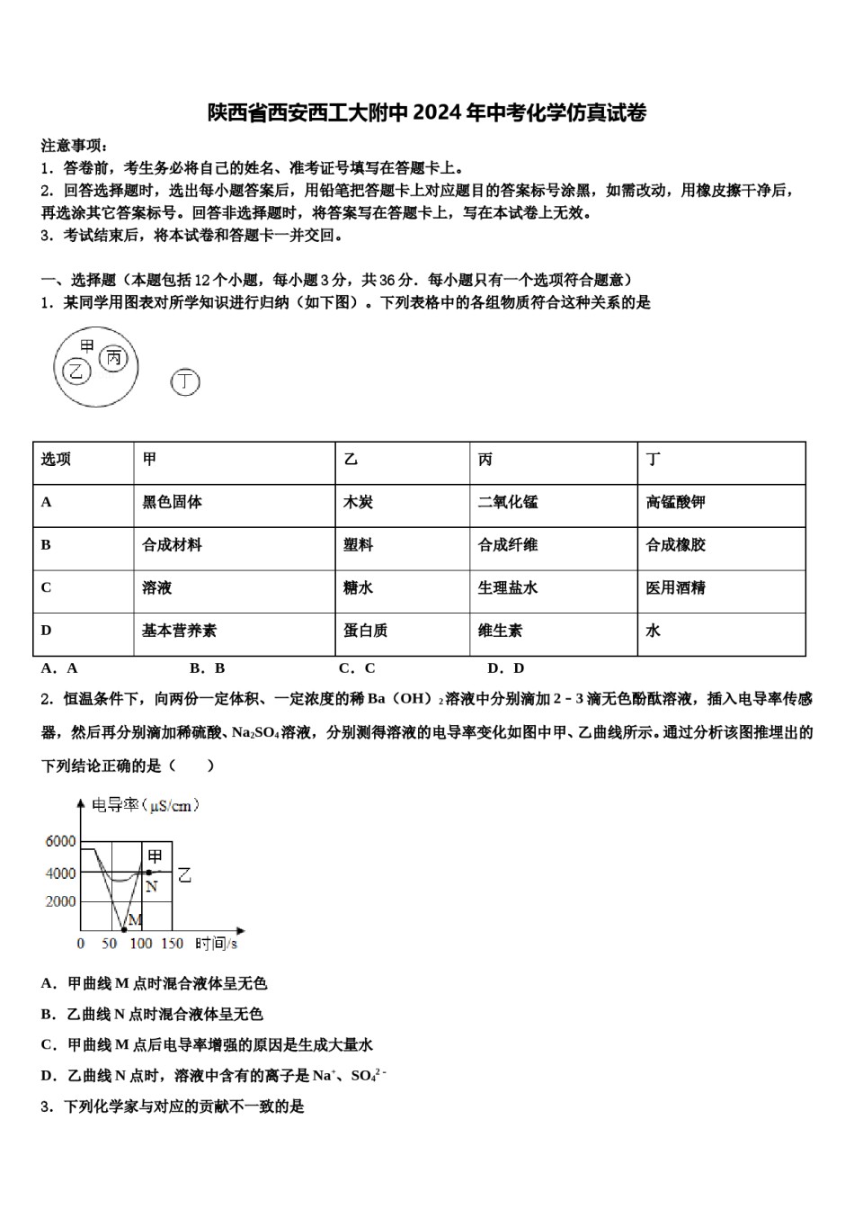 陕西省西安西工大附中2024年中考化学仿真试卷含解析.doc_第1页