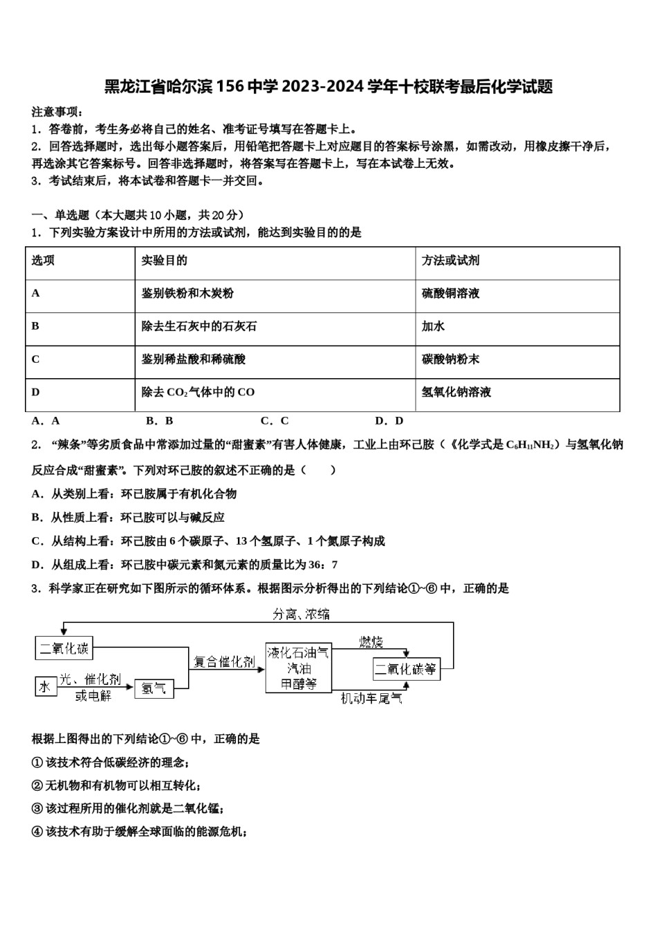 黑龙江省哈尔滨156中学2023-2024学年十校联考最后化学试题含解析.doc_第1页