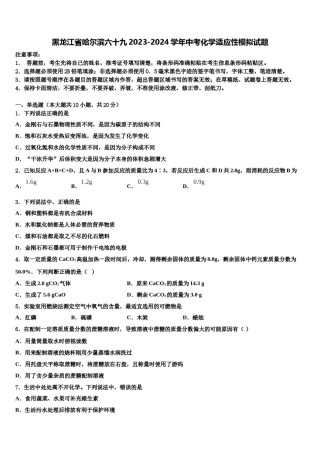 黑龙江省哈尔滨六十九2023-2024学年中考化学适应性模拟试题含解析.doc