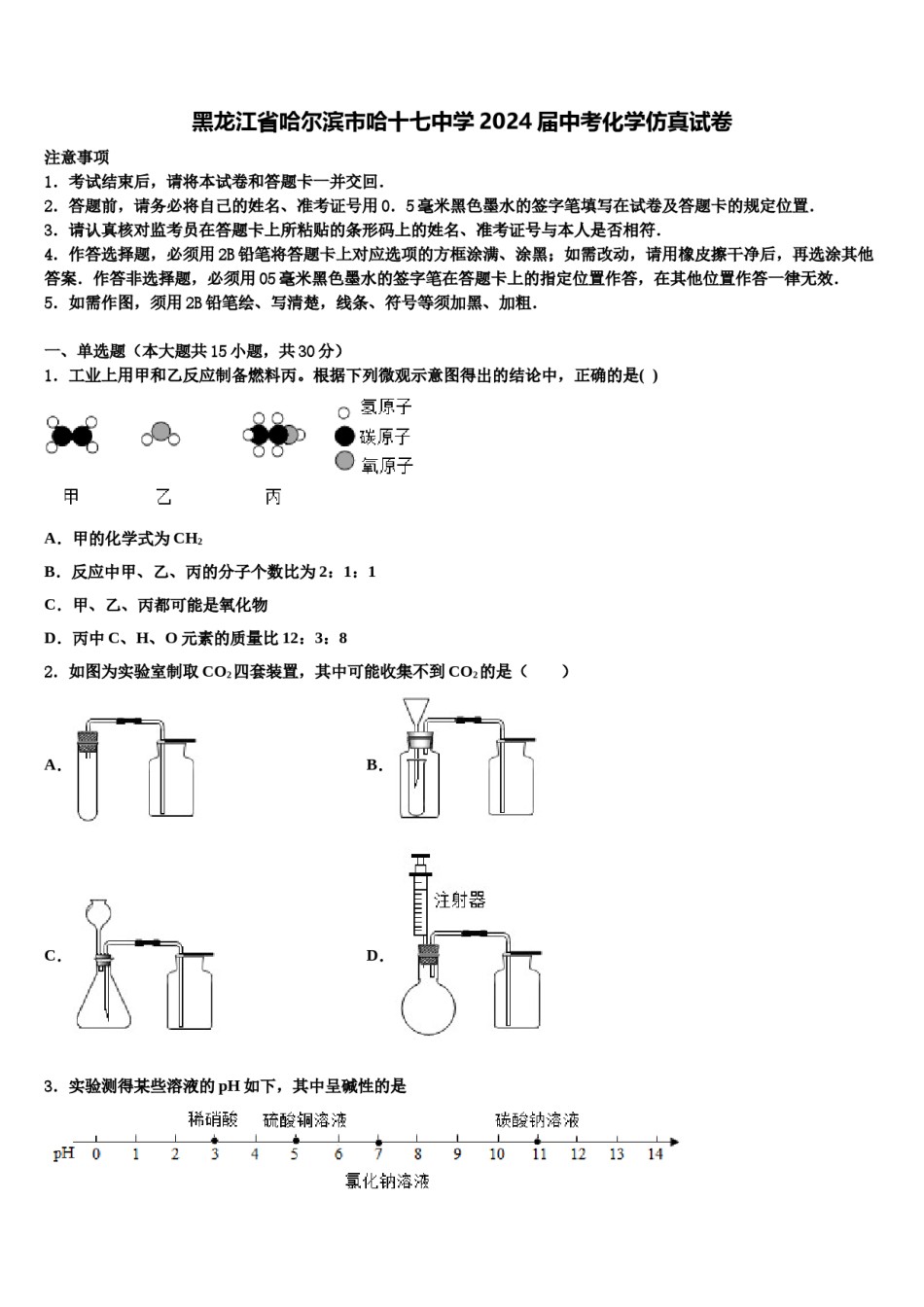 黑龙江省哈尔滨市哈十七中学2024届中考化学仿真试卷含解析.doc_第1页