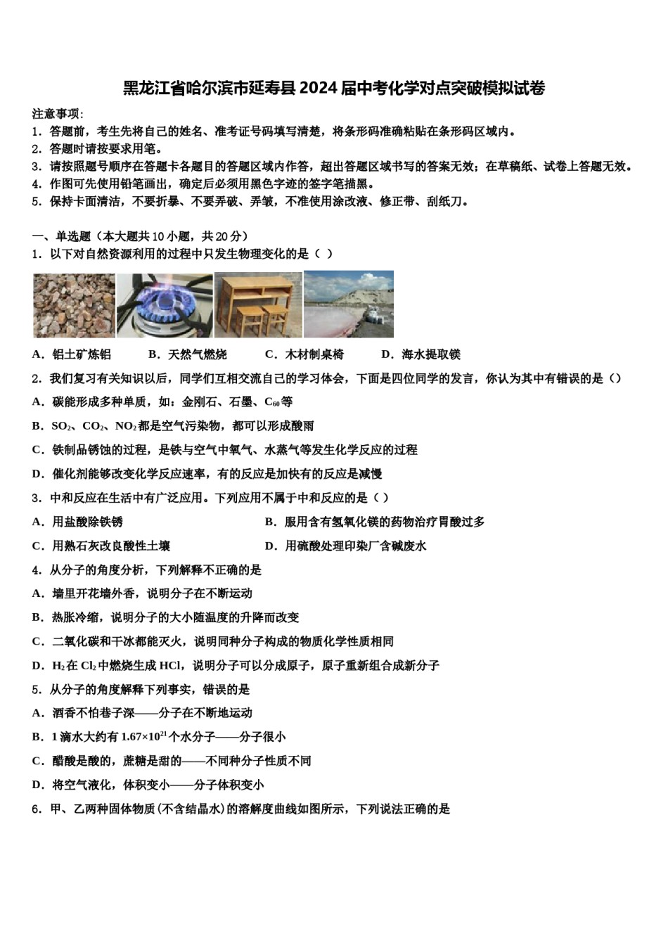 黑龙江省哈尔滨市延寿县2024届中考化学对点突破模拟试卷含解析.doc_第1页