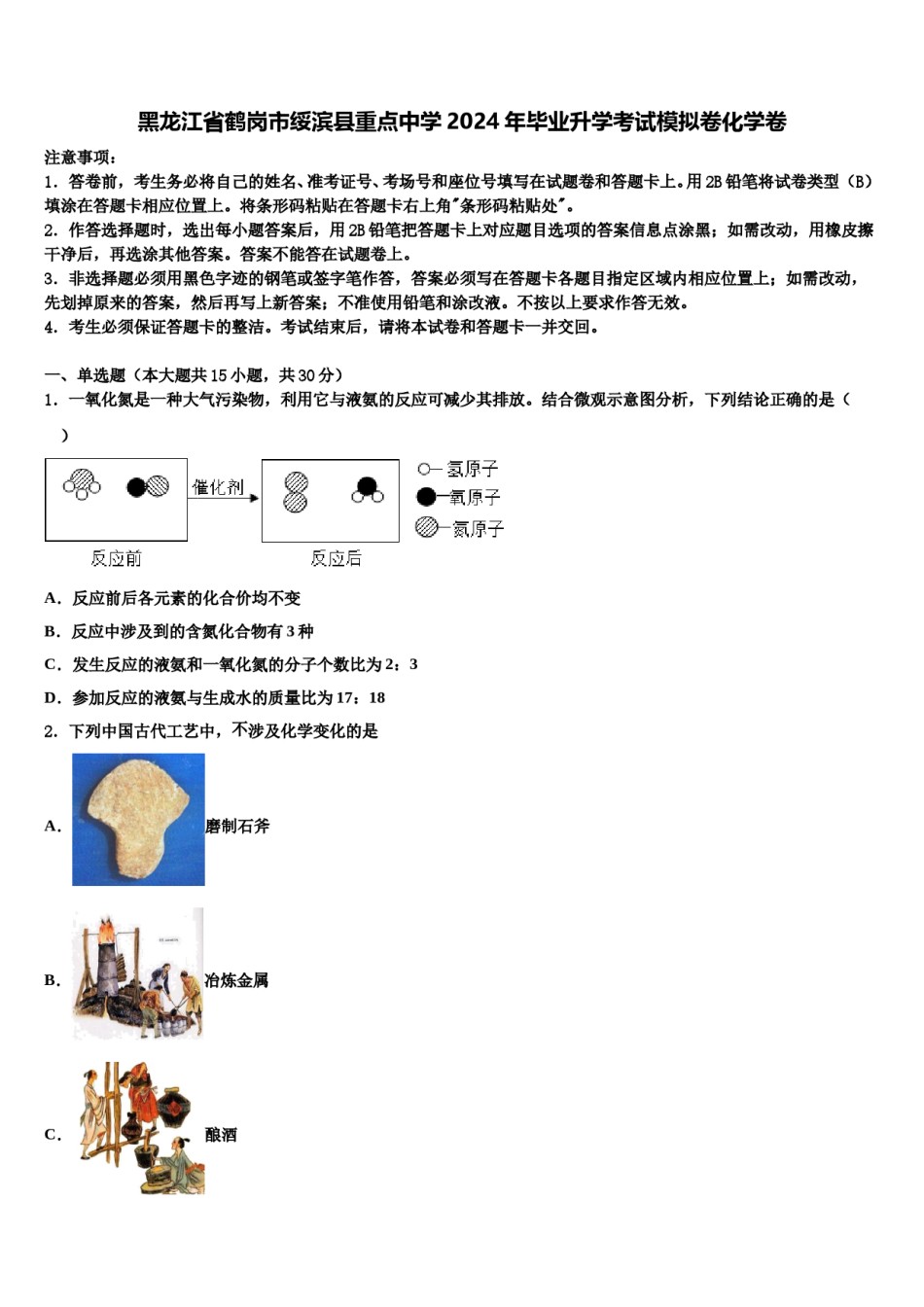 黑龙江省鹤岗市绥滨县重点中学2024年毕业升学考试模拟卷化学卷含解析.doc_第1页