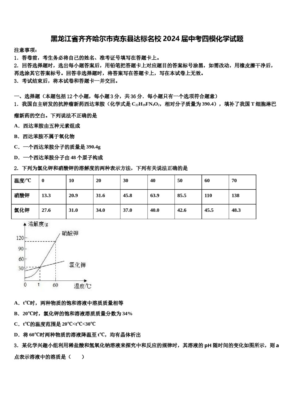 黑龙江省齐齐哈尔市克东县达标名校2024届中考四模化学试题含解析.doc_第1页