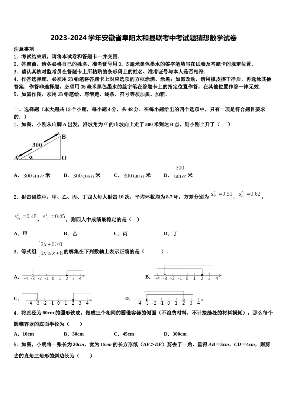 2023-2024学年安徽省阜阳太和县联考中考试题猜想数学试卷含解析.doc_第1页