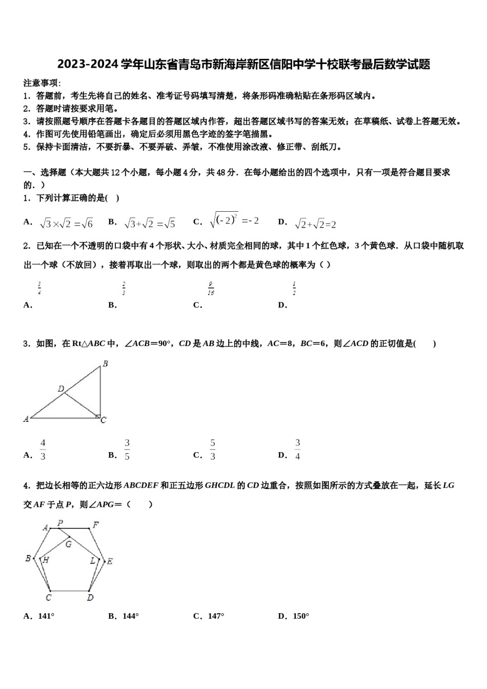 2023-2024学年山东省青岛市新海岸新区信阳中学十校联考最后数学试题含解析.doc_第1页