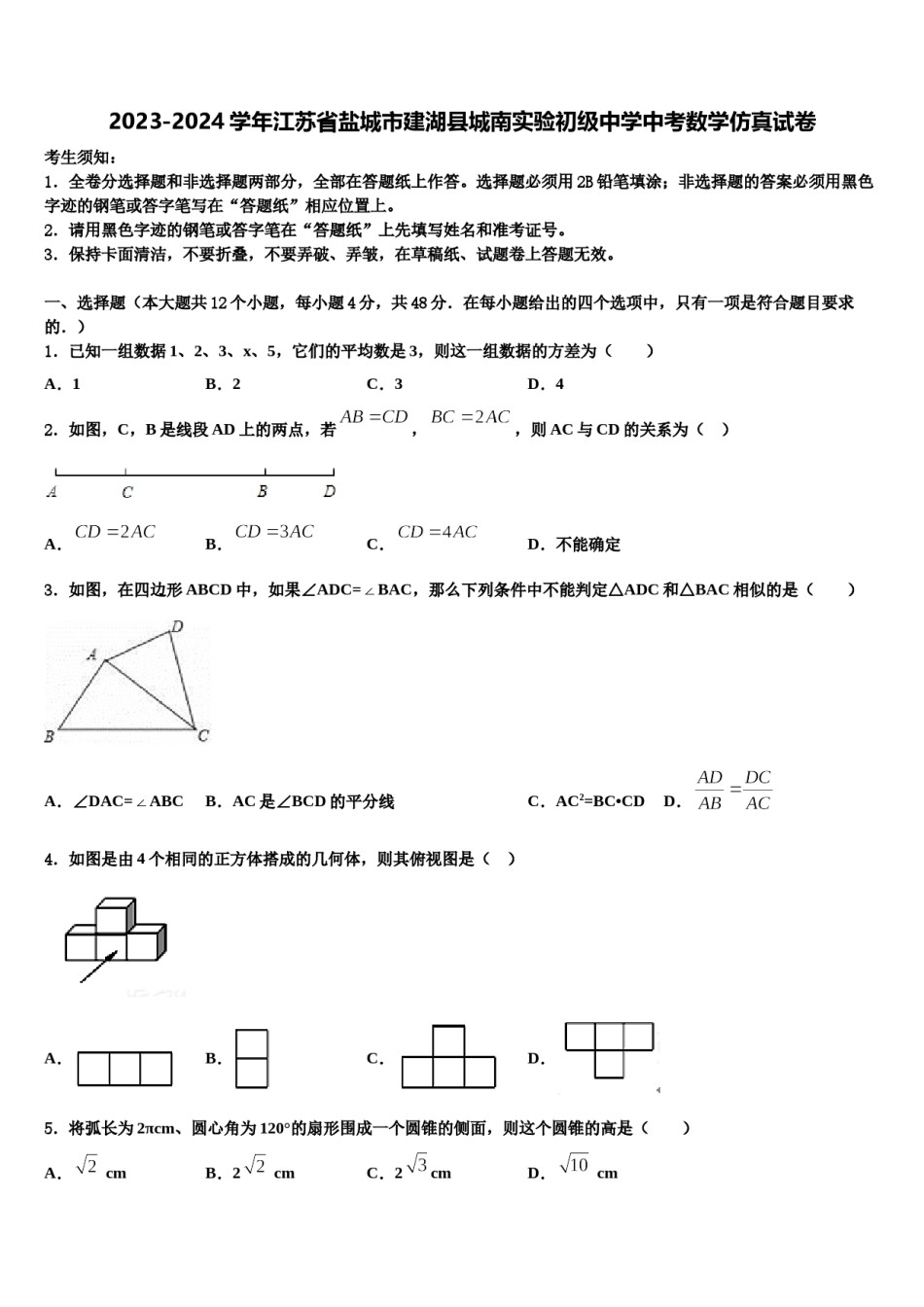 2023-2024学年江苏省盐城市建湖县城南实验初级中学中考数学仿真试卷含解析.doc_第1页