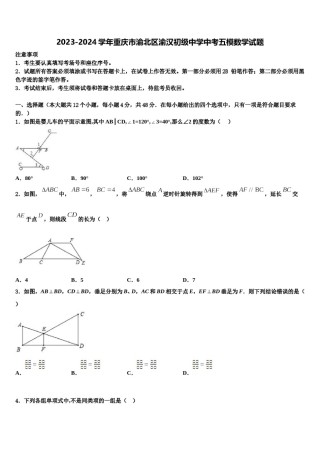 2023-2024学年重庆市渝北区渝汉初级中学中考五模数学试题含解析.doc