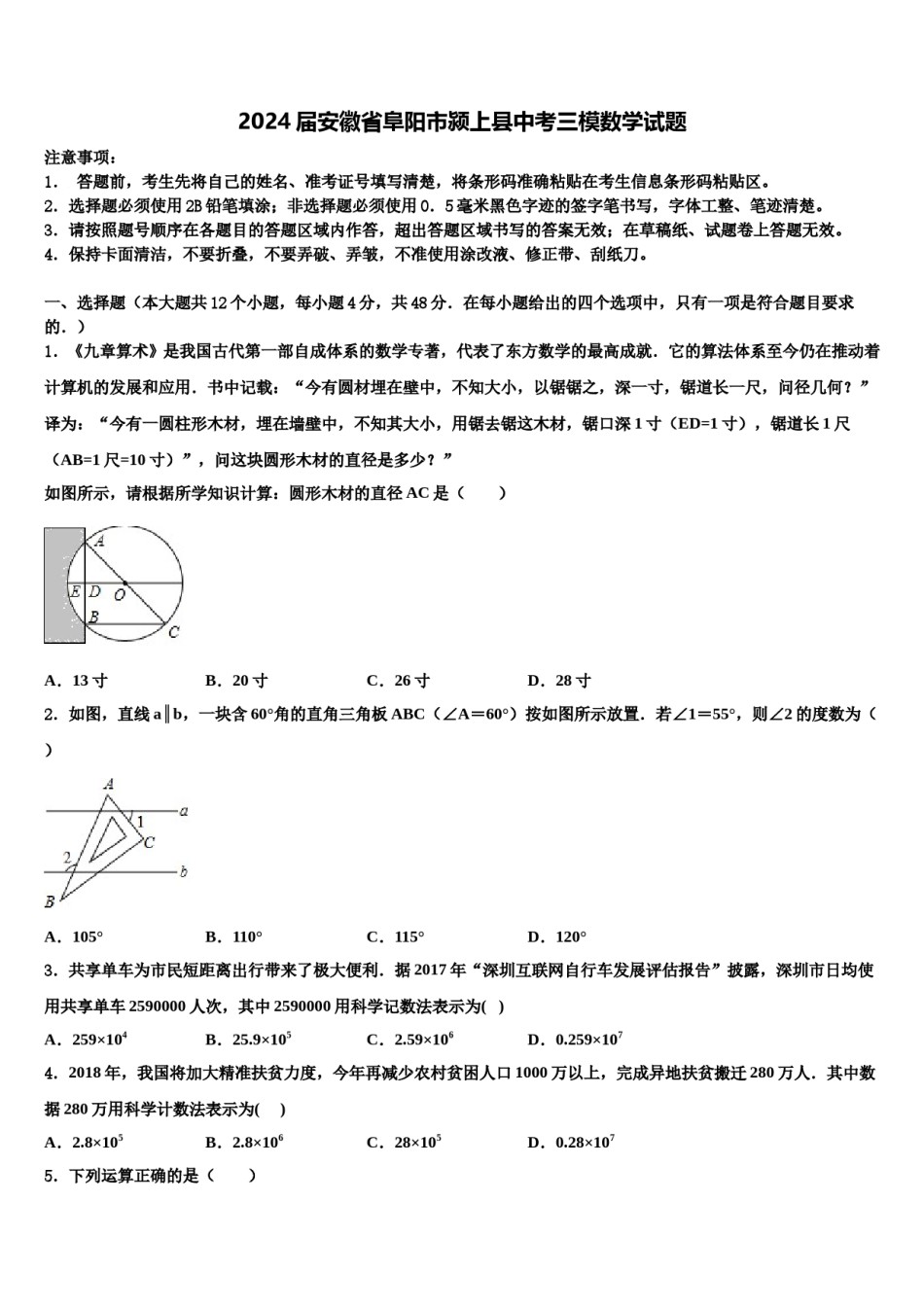 2024届安徽省阜阳市颍上县中考三模数学试题含解析.doc_第1页