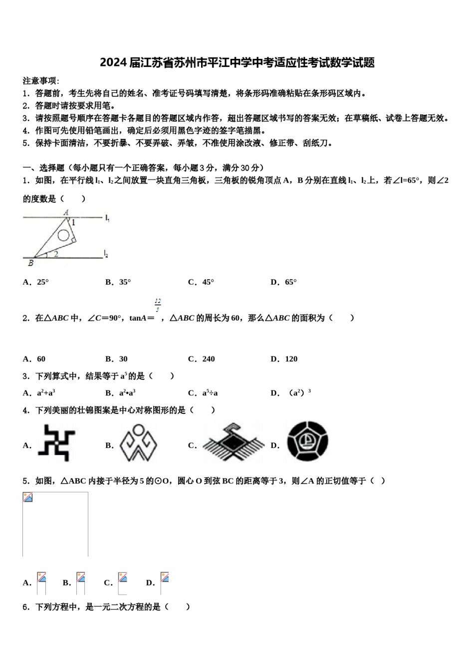 2024届江苏省苏州市平江中学中考适应性考试数学试题含解析.doc_第1页