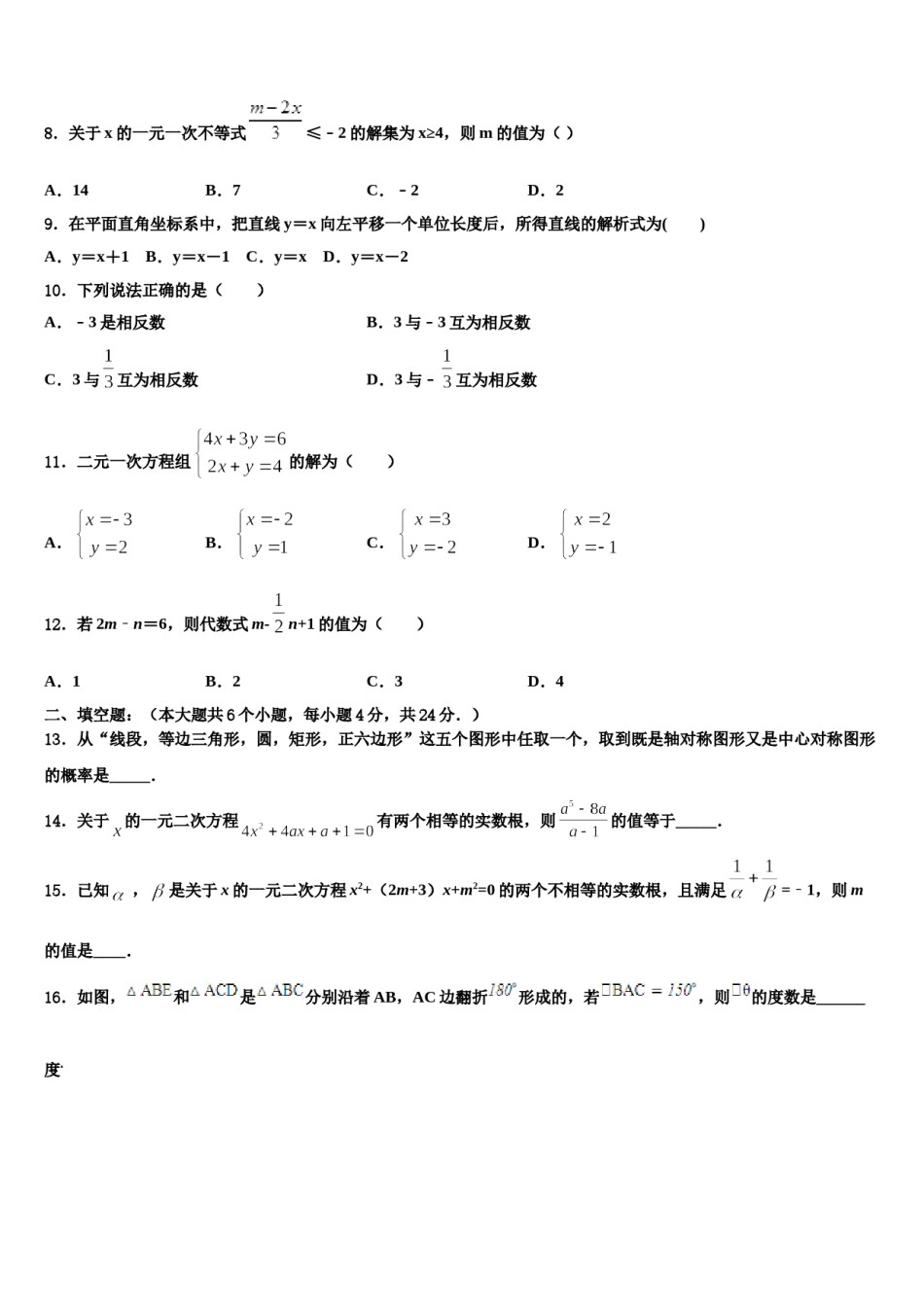 2024届湖北省枣阳阳光校中考数学模试卷含解析.doc_第3页