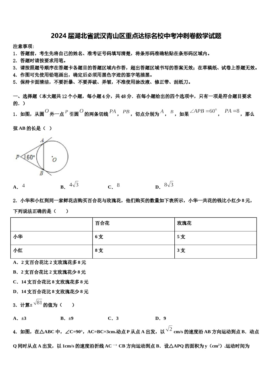 2024届湖北省武汉青山区重点达标名校中考冲刺卷数学试题含解析.doc_第1页