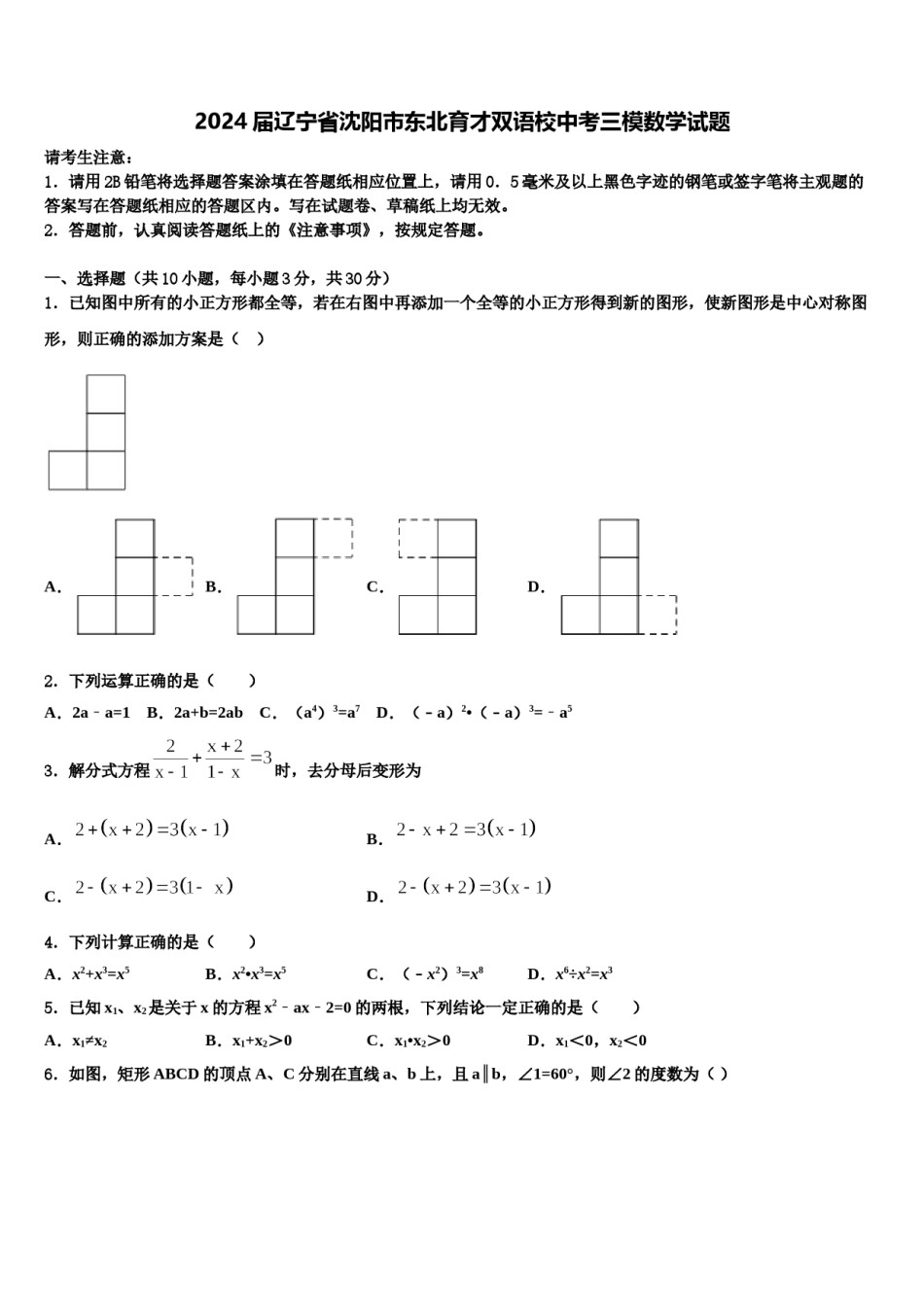 2024届辽宁省沈阳市东北育才双语校中考三模数学试题含解析.doc_第1页