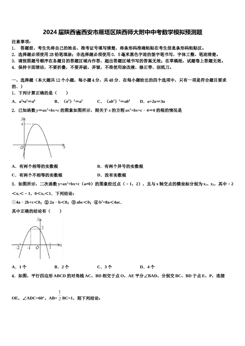 2024届陕西省西安市雁塔区陕西师大附中中考数学模拟预测题含解析.doc_第1页